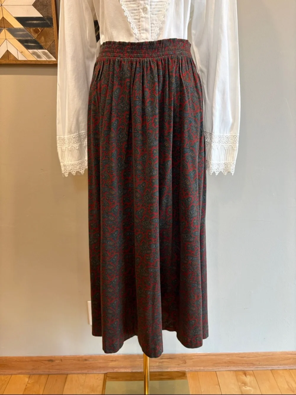 Vintage Ralph Lauren Blue Label 90s Cotton Stretch Paisley Midi Skirt Medium - Picture 3 of 12